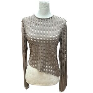 Just Polly New York Womens Large Taupe Perforated Asymmetrical Top JK16920 Brown